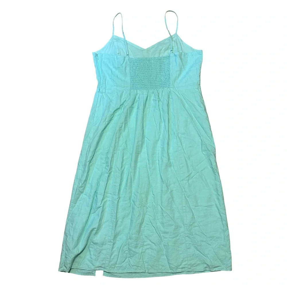 J.Crew Linen Blend Sunwashed Mint Midi Dress Size 14 Smocked Back Side Slit - Picture 6 of 15